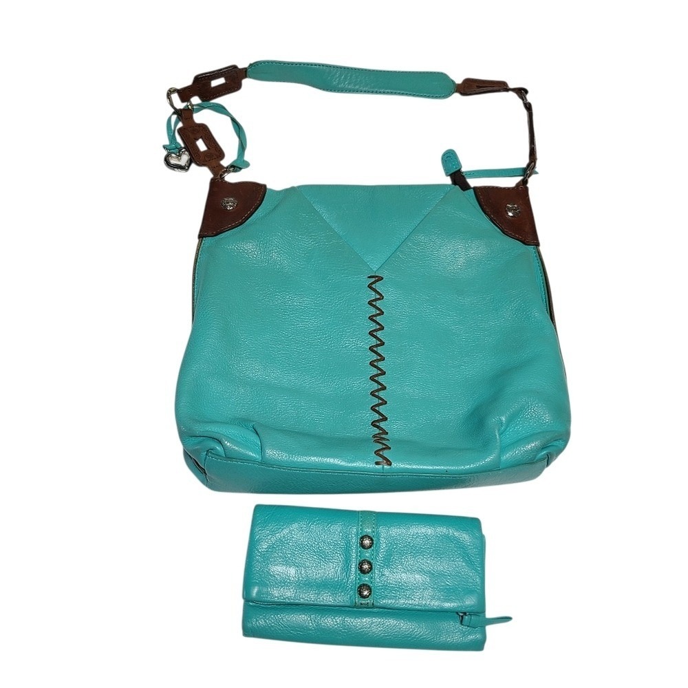Vintage‎ Turquoise Leather Brighton Hobo Bag And Wallet Heart Charm Brown Trim